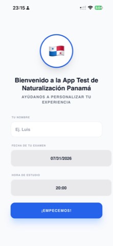 App onboarding screen asking for the user's name, exam date and preferred study time.