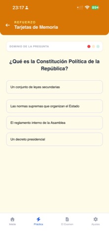 Memory-card practice screen with a multiple-choice question about the national constitution.