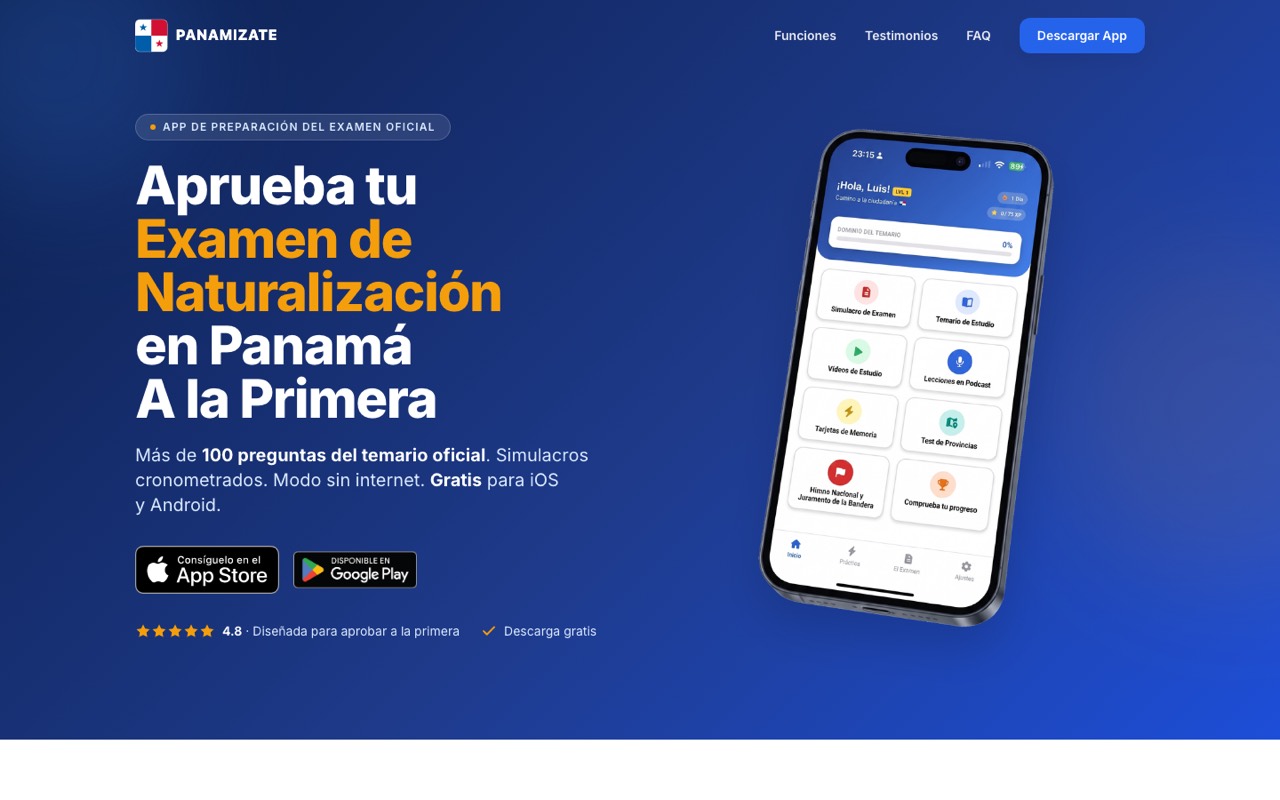 Panamizate.com landing page for the Panamanian naturalization exam app, with App Store and Google Play links.